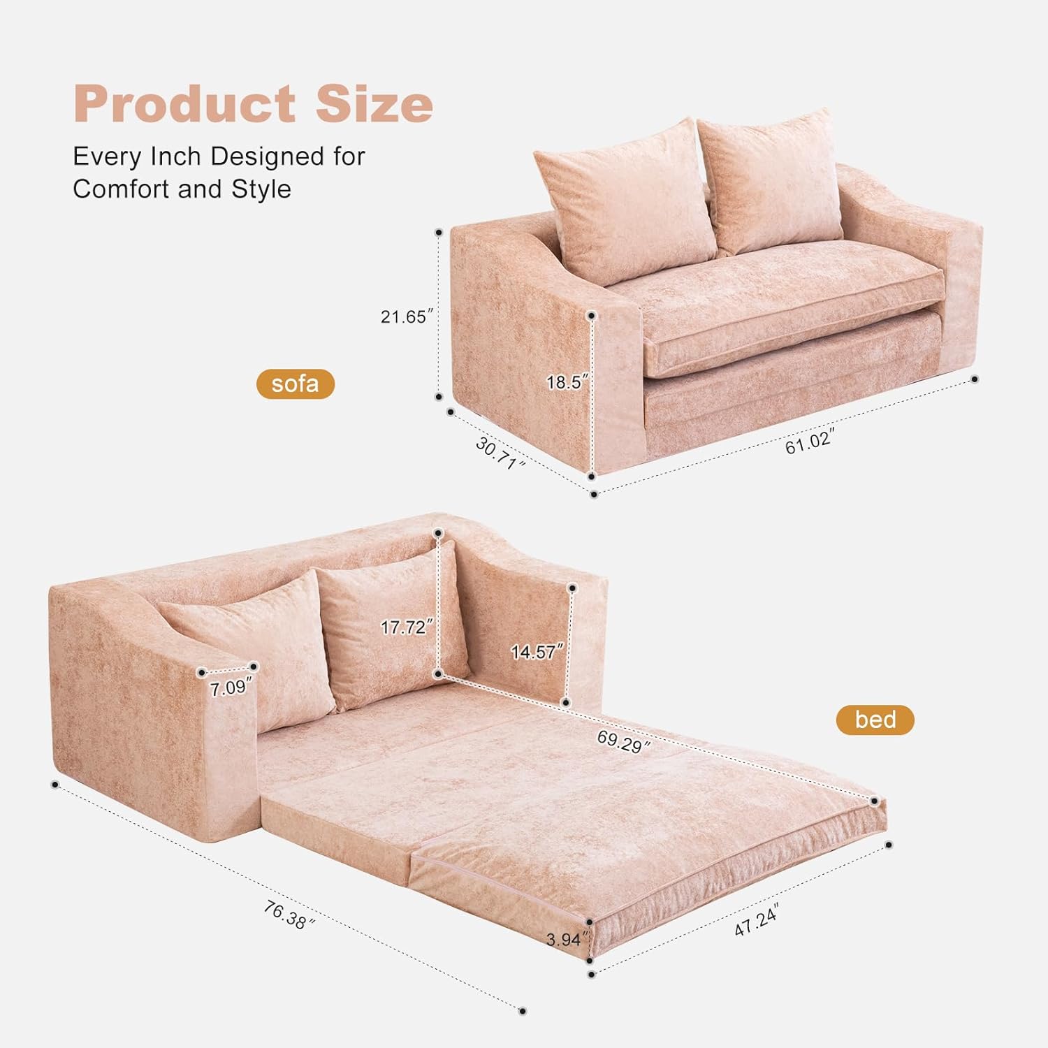 61" Convertible Sofa Bed Loveseat Memory Foam Boneless Floor Couch Removable Plush Velvet Cover Tri-Folding Compact Full-Size