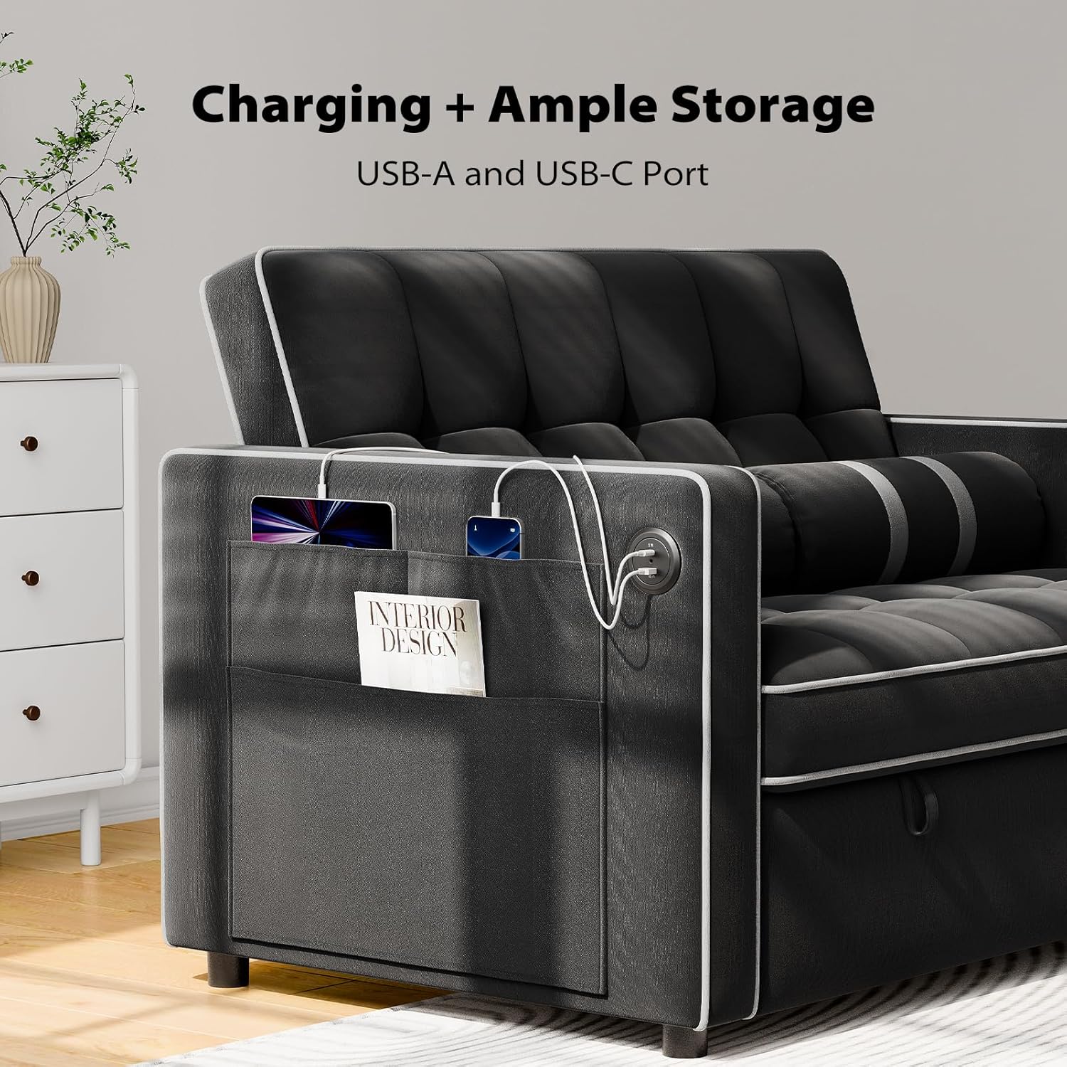 Dareko Convertible Black Velvet Sponge Filled Sofa Bed Adjustable Backrest USB Ports Side Pockets Loveseat Futon Living Room