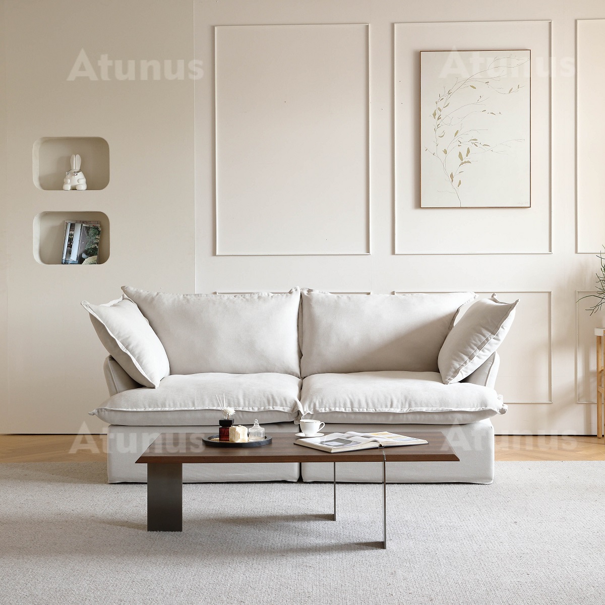 ATUNUS Minimalist Living Room Furniture Soft Loveseat Sofa Elegant White Down Love Two 2 Seater Recliner Couch Sleeper Sofa Set
