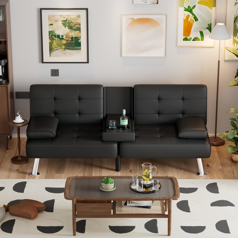 Convertible Folding Futon Sofa Bed Sleeper Couch for Living Room Faux Leather Upholstered Loveseat W/Removable Armrests