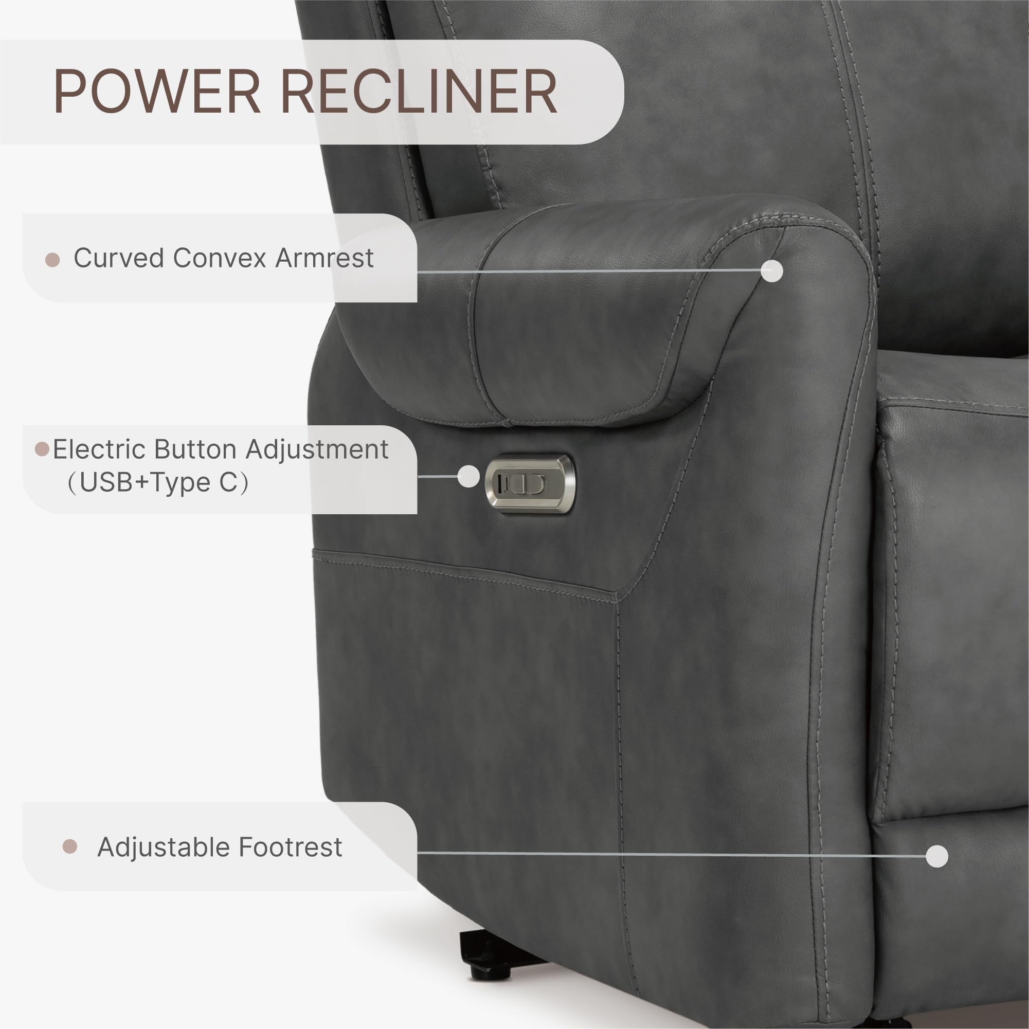 Leather Recliner Chair for Wall Hugger RV Recliner with USB Electric Power Reclining Sofa for Home Theater Seating Bedroom