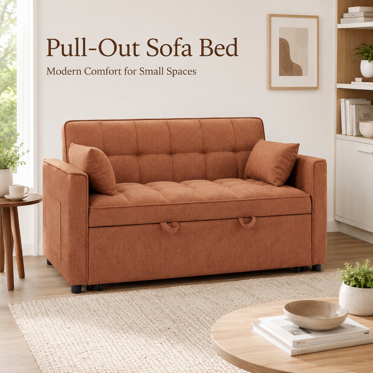 Orange Tufted Pull-Out Sofa Bed Loveseat Sofa Sleeper With Side Pocket for Apartments