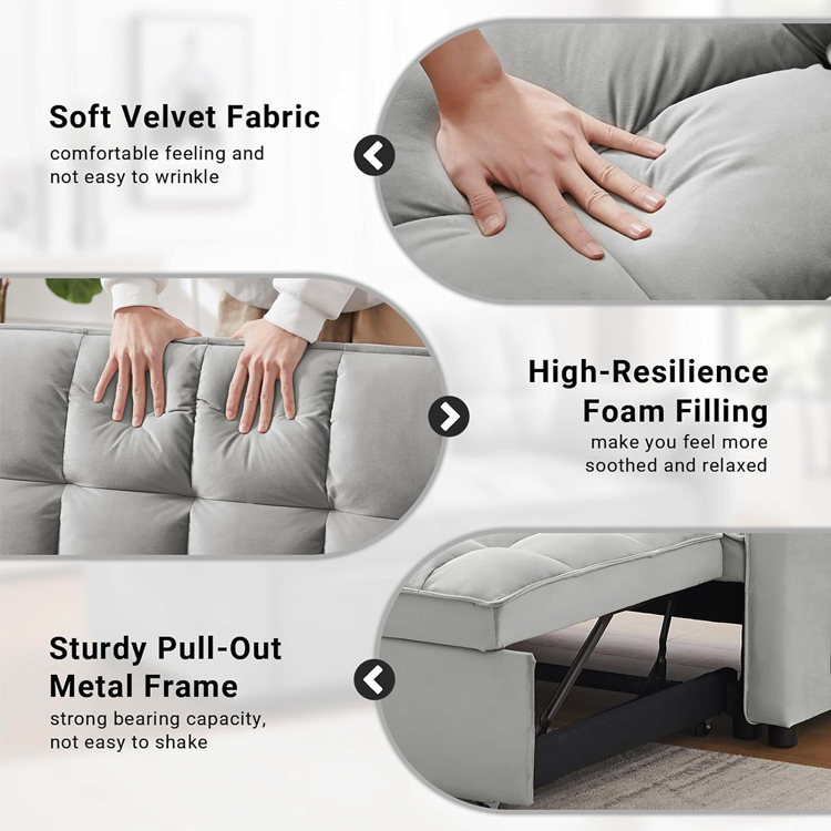 Living Room Adjustable Futon Loveseat Daybed 3 in 1 Velvet Convertible Sleeper Sofa Couch Bed Cama Schlafsofa with Armrests