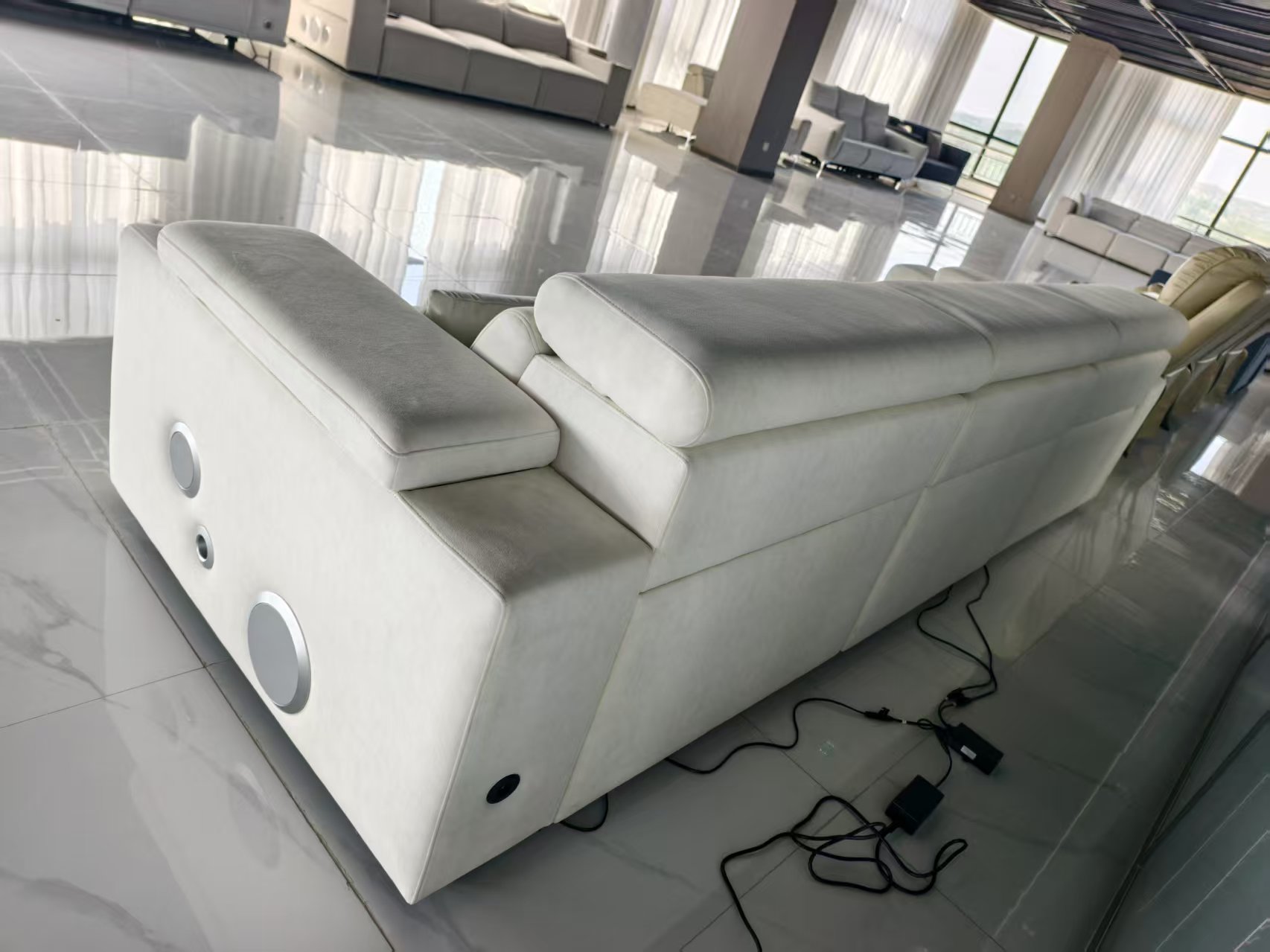 Modern PZ049 GALAXY White Wood Electric Recliner Sofa Hidden Armrest Storage Sound System Wireless Charging-Smart Living Room