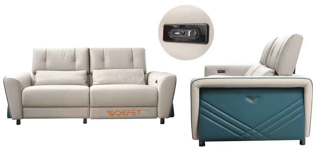 High Quality Cream Leather Electric Automatic Reclining Two Seater Sleeper Couch Sofa