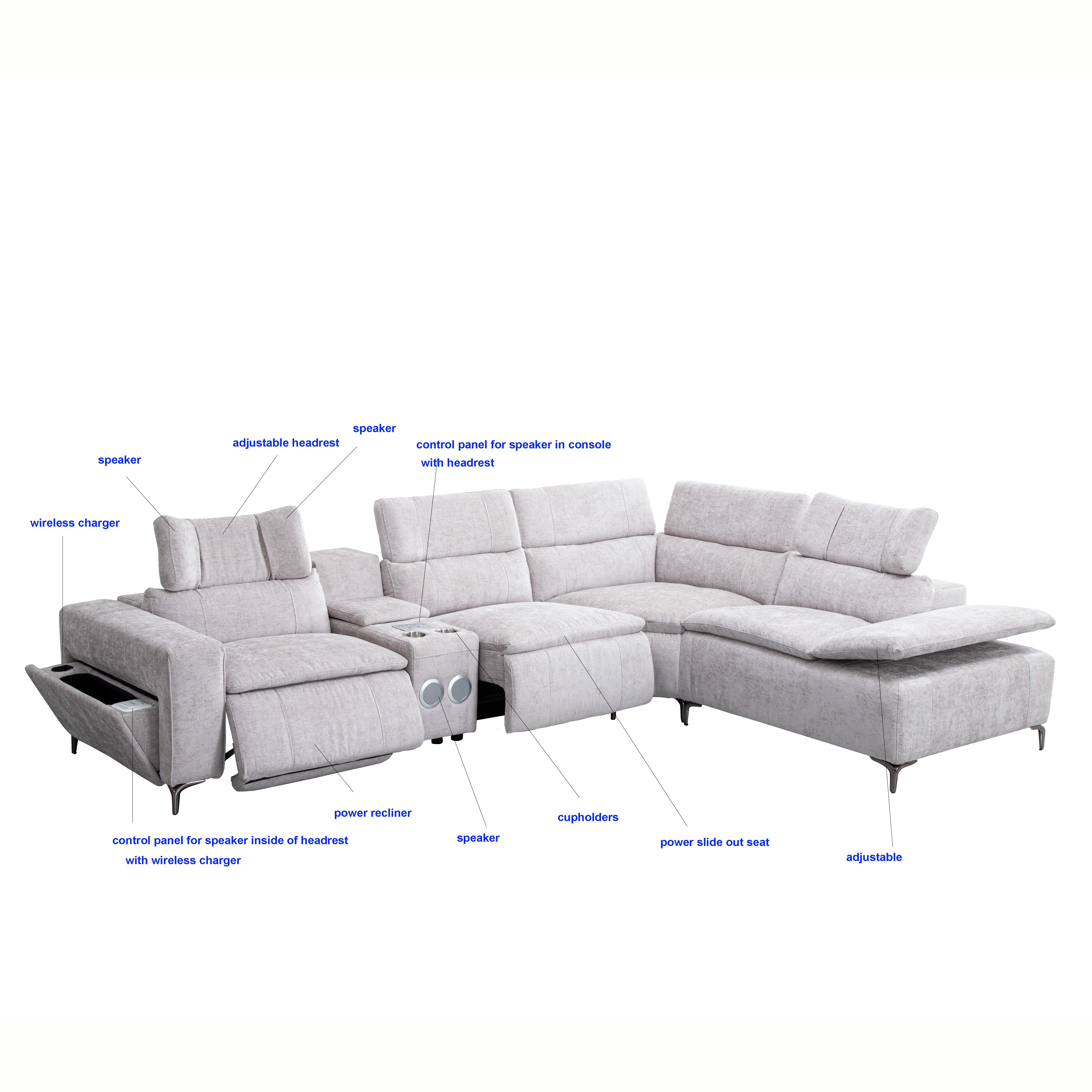 Fabric Power Sectional Recliner Sofa High End Comfort Multifunctional Folding Sofa With USB and Speaker or Home Luxury