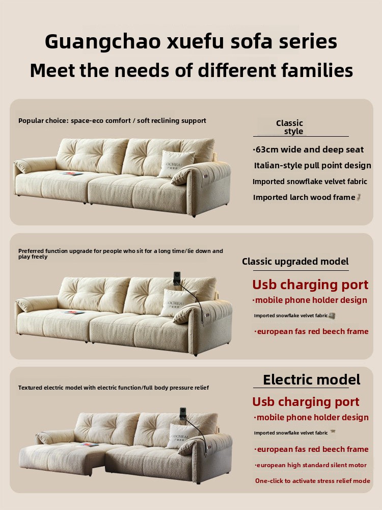 Guangchao Xuefu Three Seat Fabric Sofa Living Room Cotton Linen Chenille Cream Wind Straight Electric Function USB Charging Port