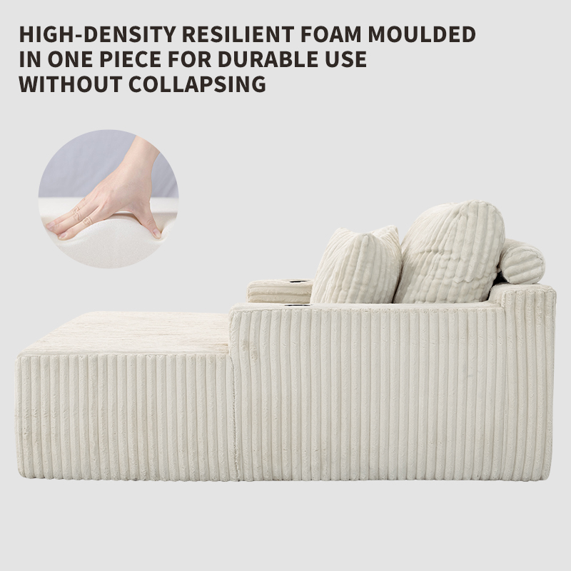 Boneless Loveseat Lounge Sofa Bed Foam Compressed Double Chaise Cloud Couch Chair Corduroy Floor Seat Sleeper with Cup Holders