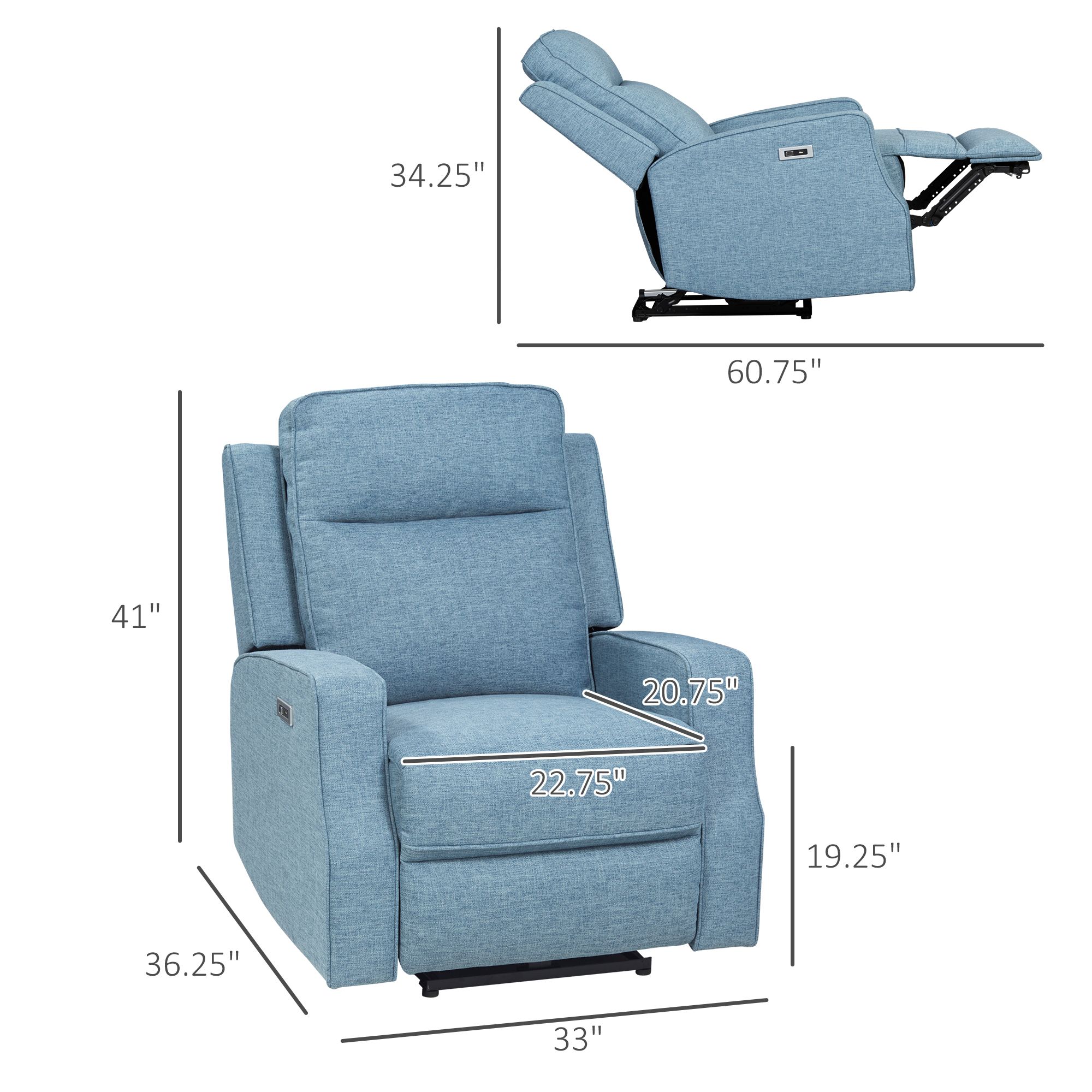 Electric Power Wall Hugger Recliner with USB Charging Station Linen Upholstered Retractable Armchair Sofa