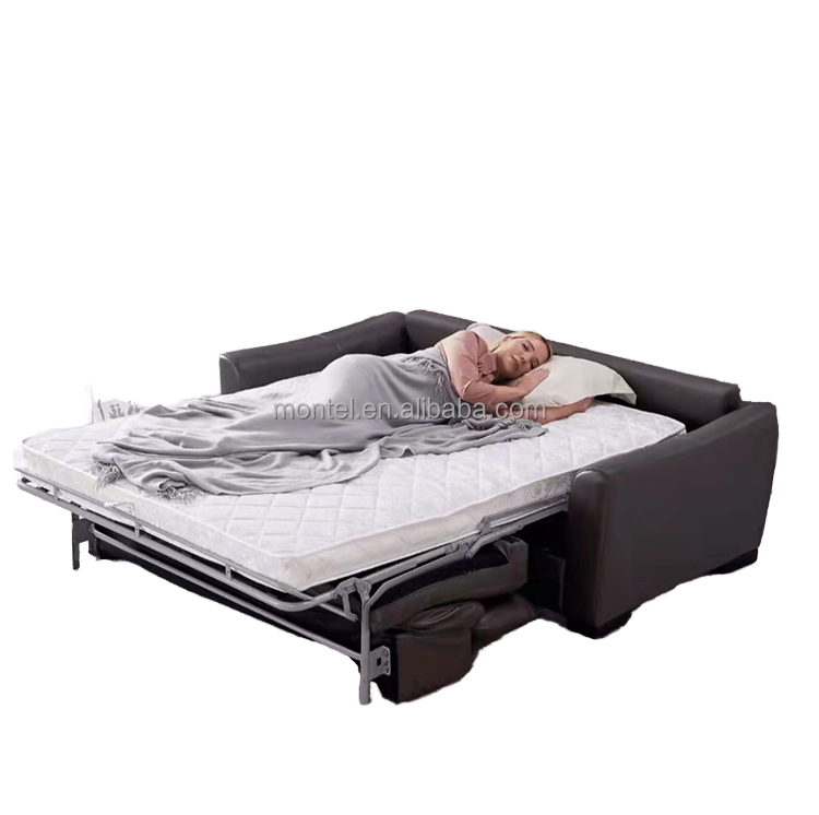 Gerfenii Modern Genuine Leather Smart Sofa Bed Dark Grey Extendable High Density Sponge Mattress Reclining Metal Frame Living