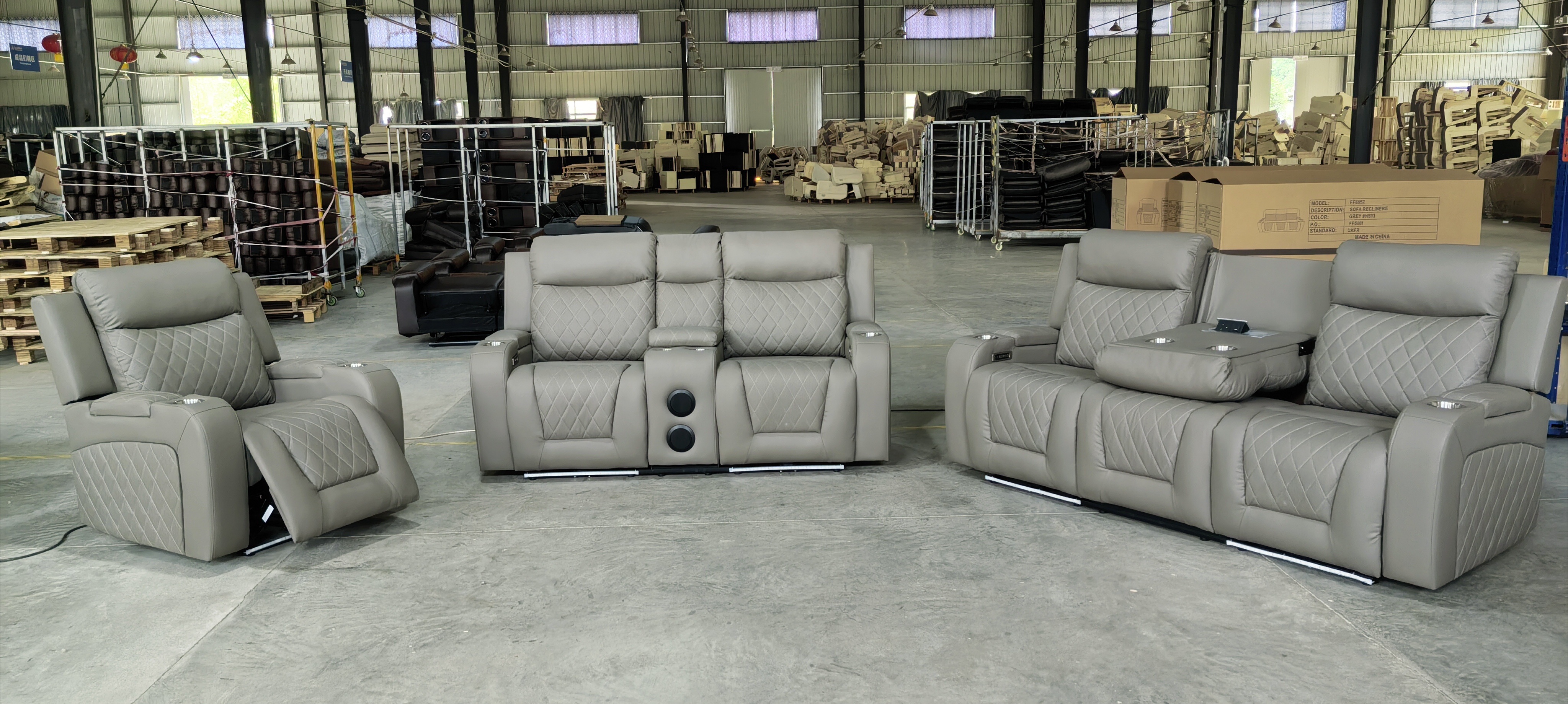 Air Leather Sofas Bluetooth Speaker Living Room Storage Armrest USB Charging Port Electric Recliner Sofa Set with Socket Adapter