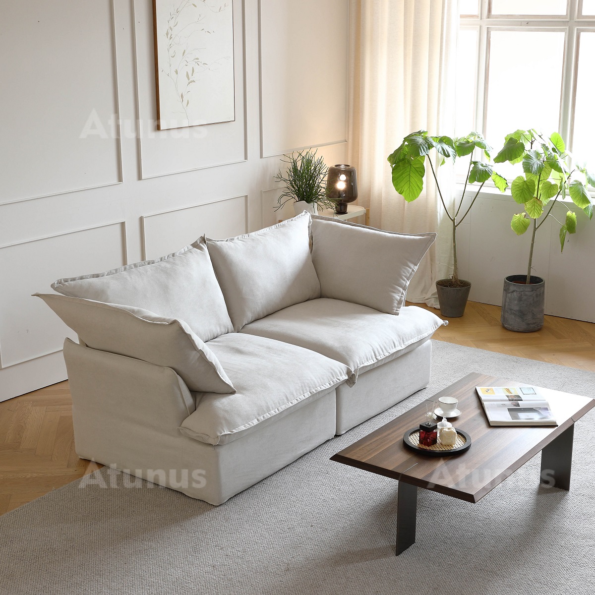 ATUNUS Minimalist Living Room Furniture Soft Loveseat Sofa Elegant White Down Love Two 2 Seater Recliner Couch Sleeper Sofa Set