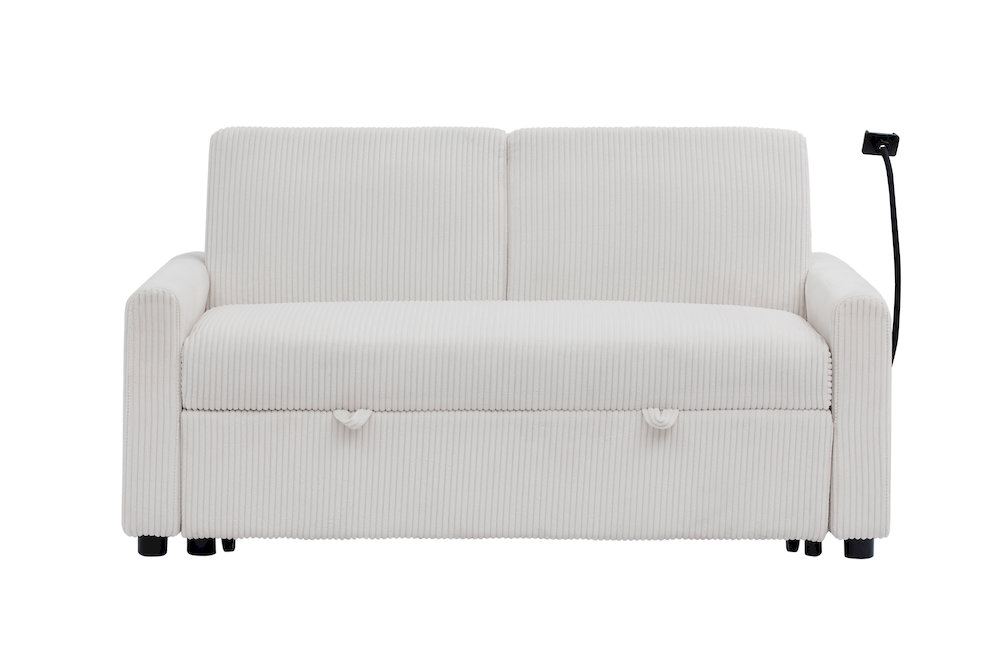 White Fabric Pull-Out Sofa Bed Loveseat Convertible Sofa Sleeper With USB Charging Port for Living Room
