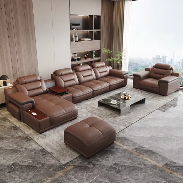 Premium Quality Italian Genuine Leather Modern Sectional Sofa Set USB Charging Cup Holder Wood Remote Control Living Room