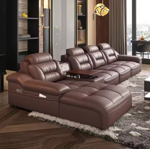 Premium Quality Italian Genuine Leather Modern Sectional Sofa Set USB Charging Cup Holder Wood Remote Control Living Room