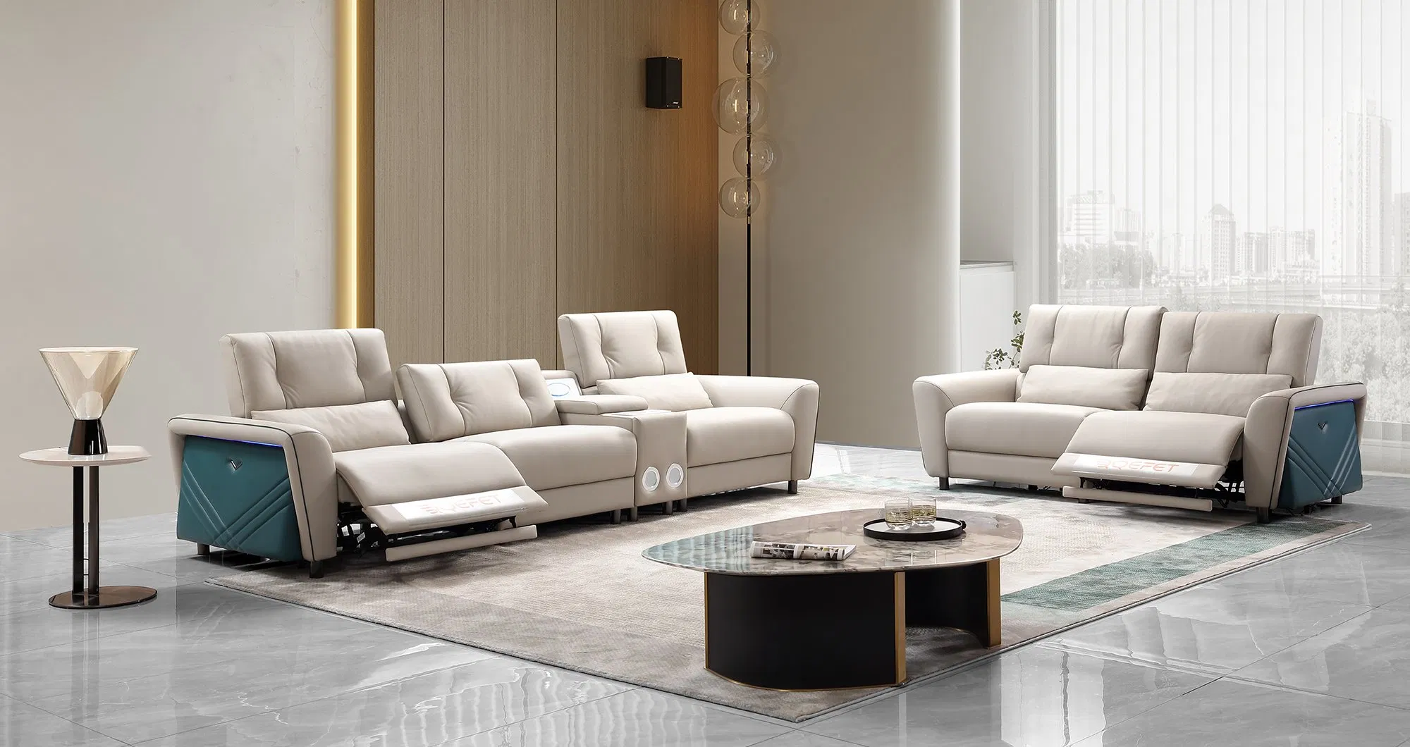 High Quality Cream Leather Electric Automatic Reclining Two Seater Sleeper Couch Sofa