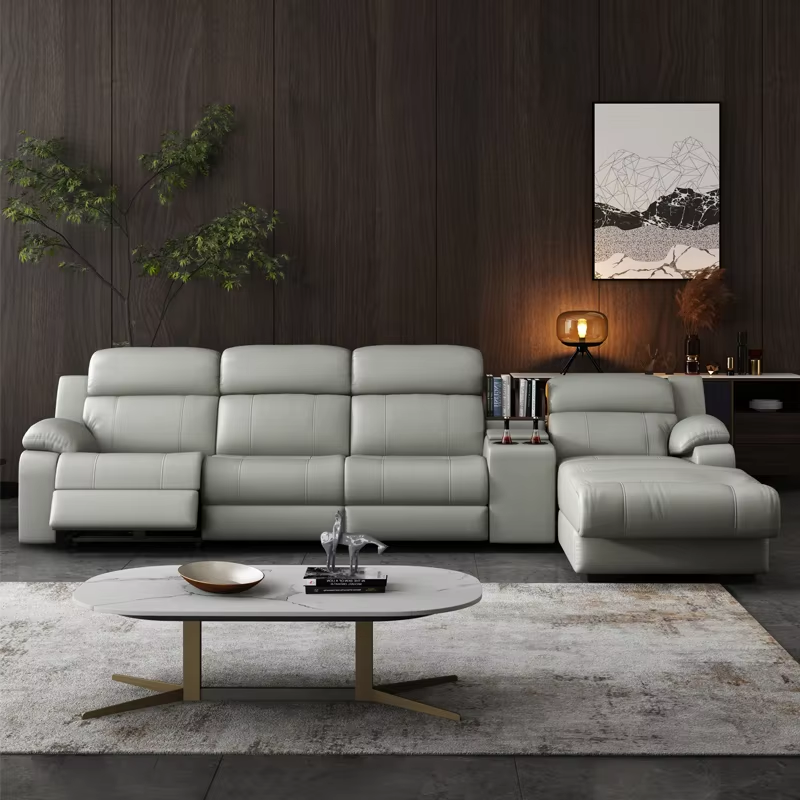 Power Recliner Sofa Set L-Shaped Reclining Leather Wall Hugger Couch Light Grey Modern Living Room Furniture Wholesale Vendor