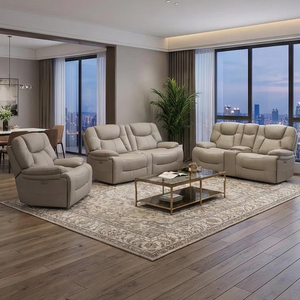 High Density Foam Core Contoured Lumbar Support Functional Leather Recliner Sofa