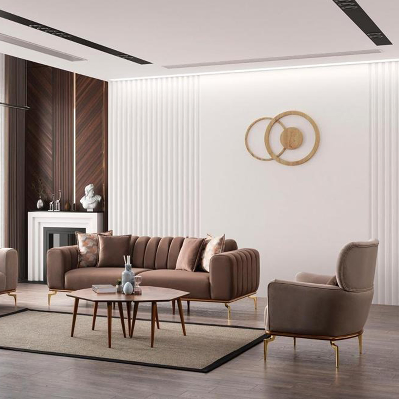 Italian Modern Living Room Furniture High End Luxury Modular Velvet Fabric Sofa Set Chair with Golden Legs and Functional Back