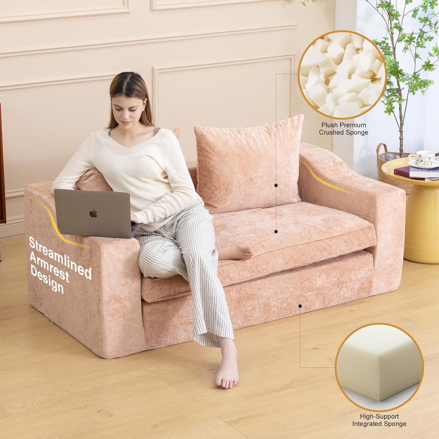 61" Convertible Sofa Bed Loveseat Memory Foam Boneless Floor Couch Removable Plush Velvet Cover Tri-Folding Compact Full-Size