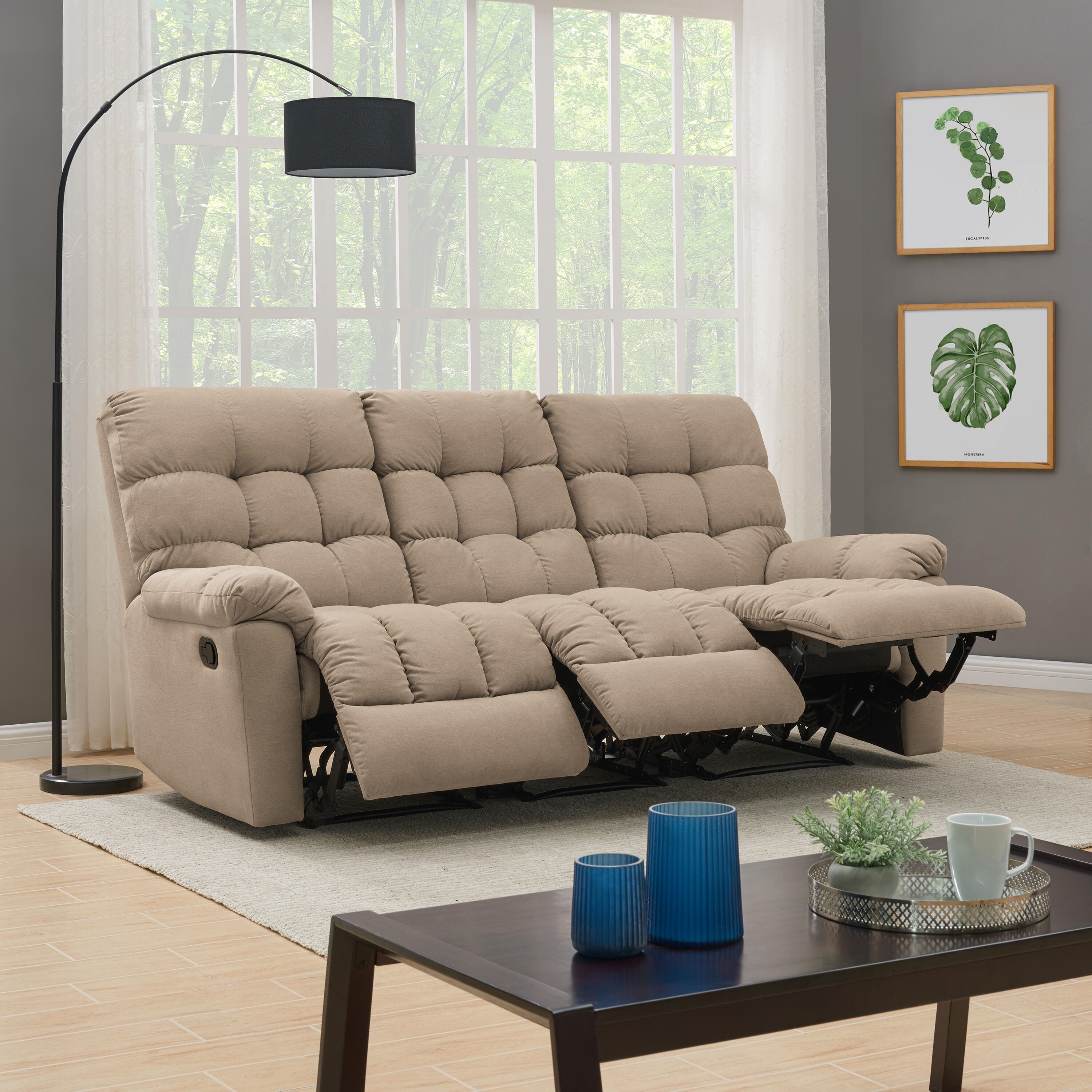 CY Furniture 3-Seat Khaki PU Leather Modern Wall Hugger Recliner Sofa with Storage Consoles USB Ports for Living Room Hotel Use