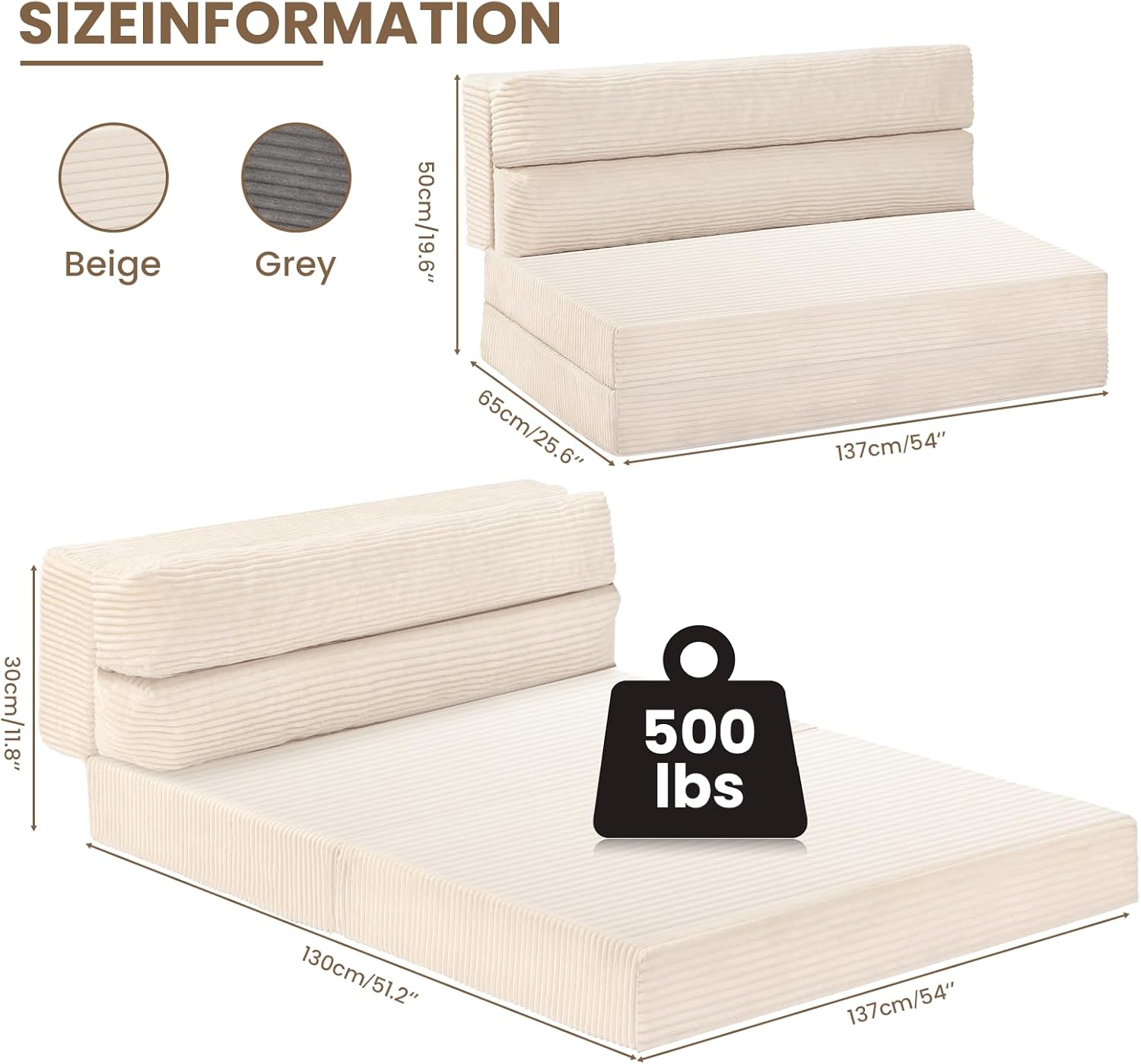 Folding Sofa Bed Convertible Sleeper Chair Pull Out Loveseat Sofa Portable Comfy Couch for Living Room Bedroom Beige
