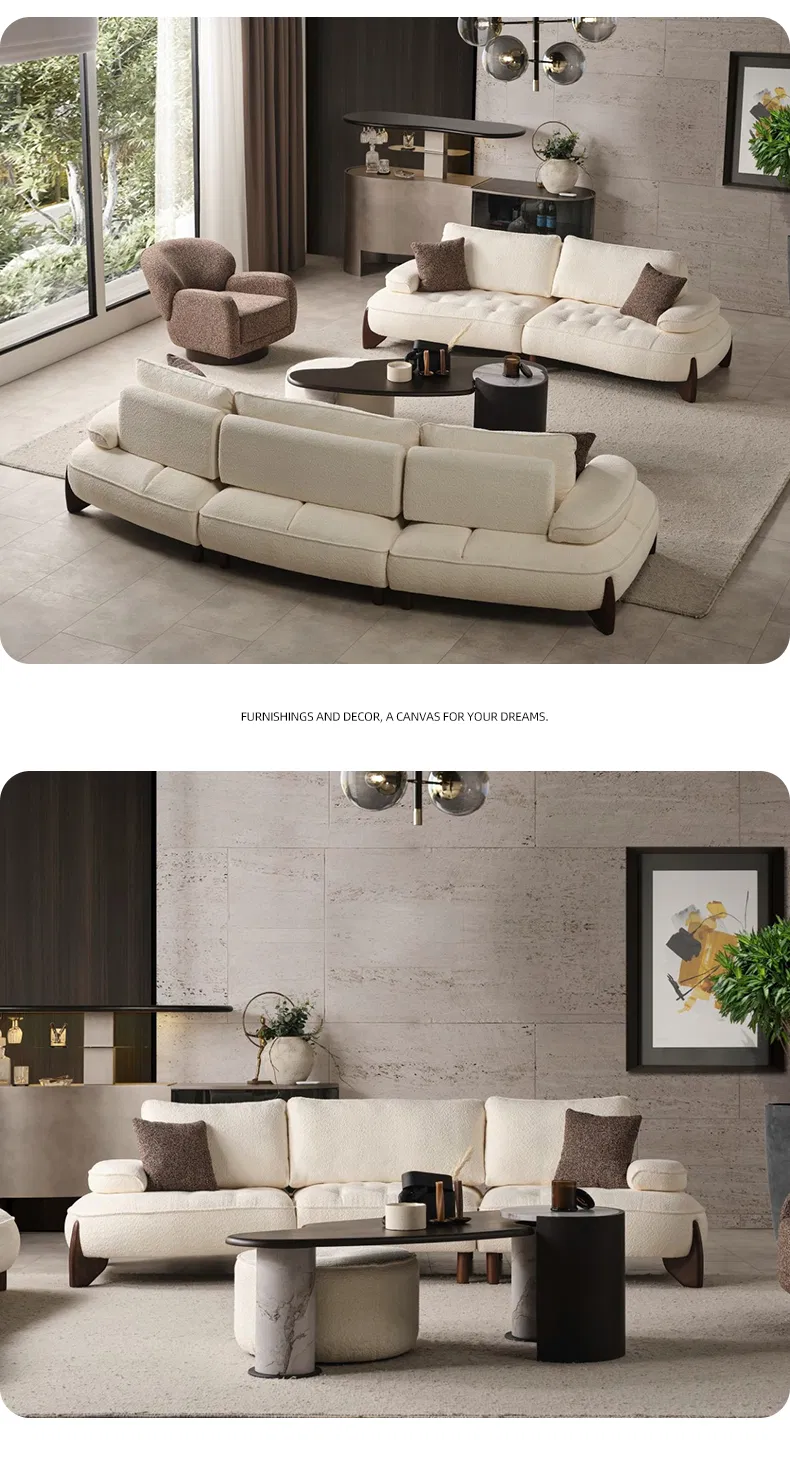 Italian Modern Living Room Furniture High End Leisure Modular White Fabric Curved Design Sofa Chair Set with Functional Back