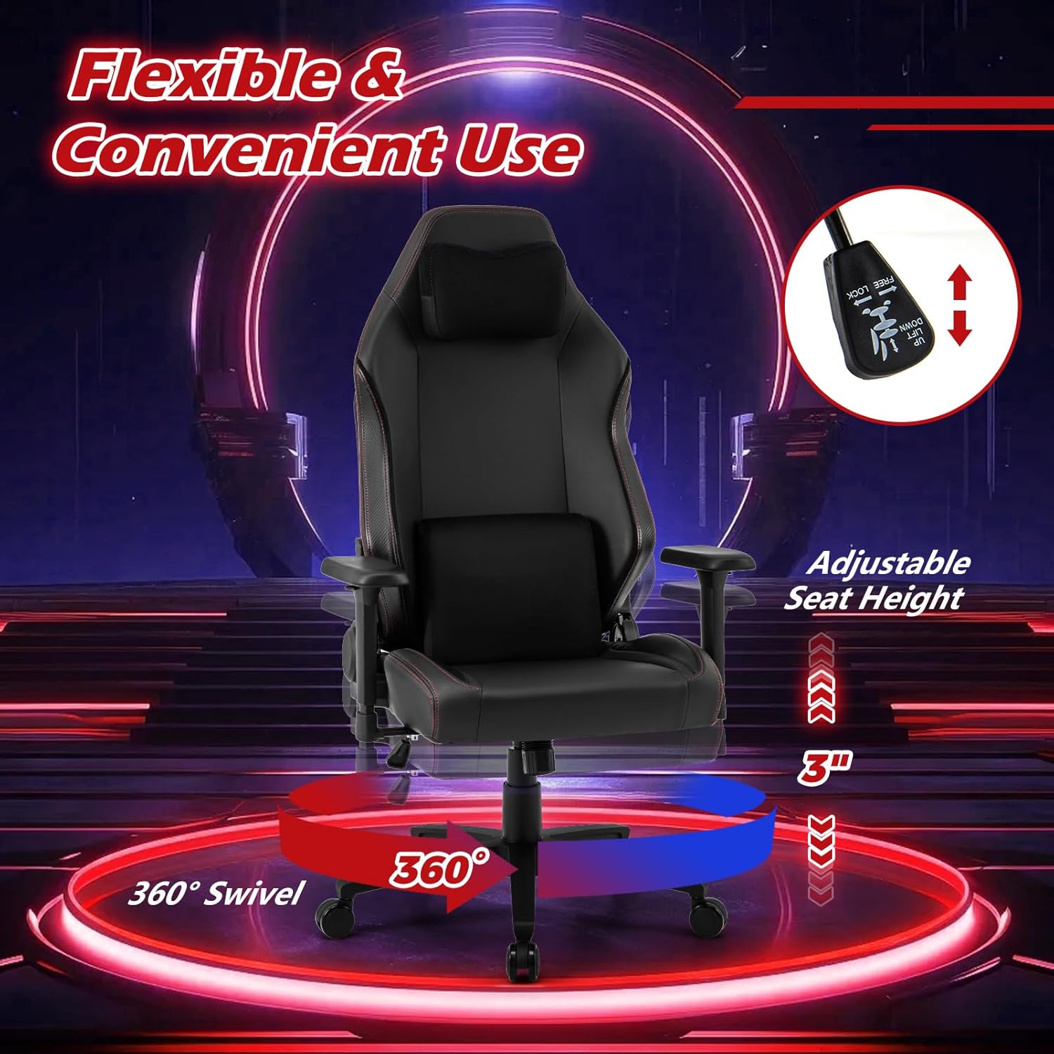 Height Adjustable Swivel Chair Rocking Function 2D Black Premium Gaming Chair Massage Video Game Chair with Magnetic Headrest