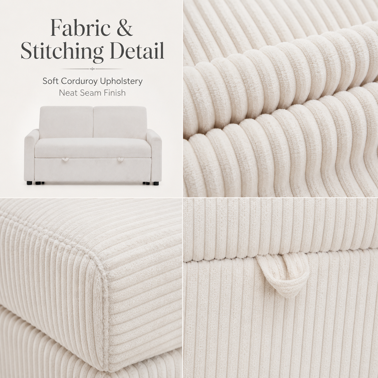 White Fabric Pull-Out Sofa Bed Loveseat Convertible Sofa Sleeper With USB Charging Port for Living Room