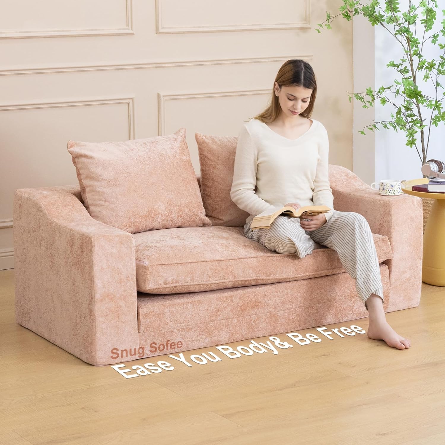 61" Convertible Sofa Bed Loveseat Memory Foam Boneless Floor Couch Removable Plush Velvet Cover Tri-Folding Compact Full-Size