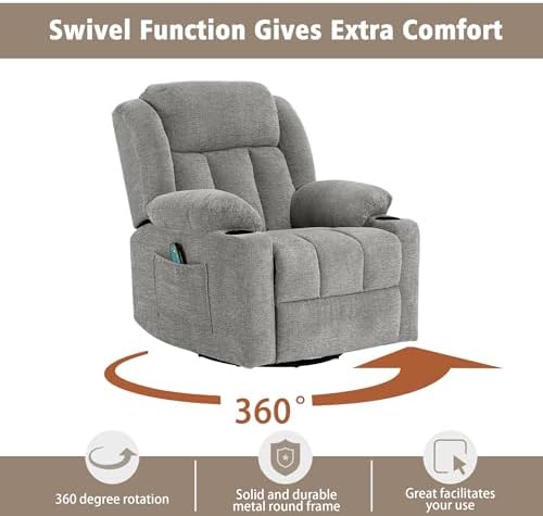 Comfy Soft Lime Gray Rocker Swivel Recliner Chair for Adults Overstuffed Large Manual Recliner Glider Massage Heat Reclining