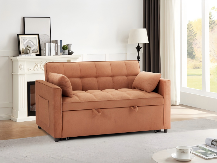 Orange Tufted Pull-Out Sofa Bed Loveseat Sofa Sleeper With Side Pocket for Apartments