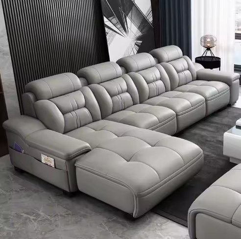 Premium Quality Italian Genuine Leather Modern Sectional Sofa Set USB Charging Cup Holder Wood Remote Control Living Room