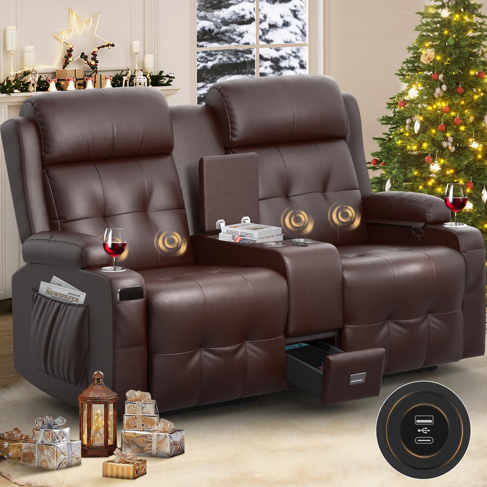 Reclining Loveseat Massage Loveseat Recliner Sofa RV Love Seat Chair with Console USB Storage Cup Holders Wall Hugger Couch