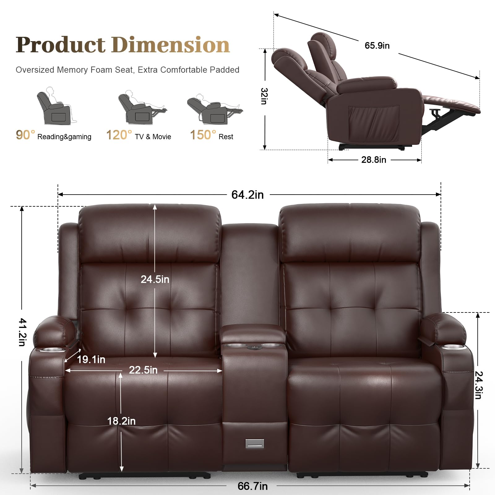 Reclining Loveseat Massage Loveseat Recliner Sofa RV Love Seat Chair with Console USB Storage Cup Holders Wall Hugger Couch