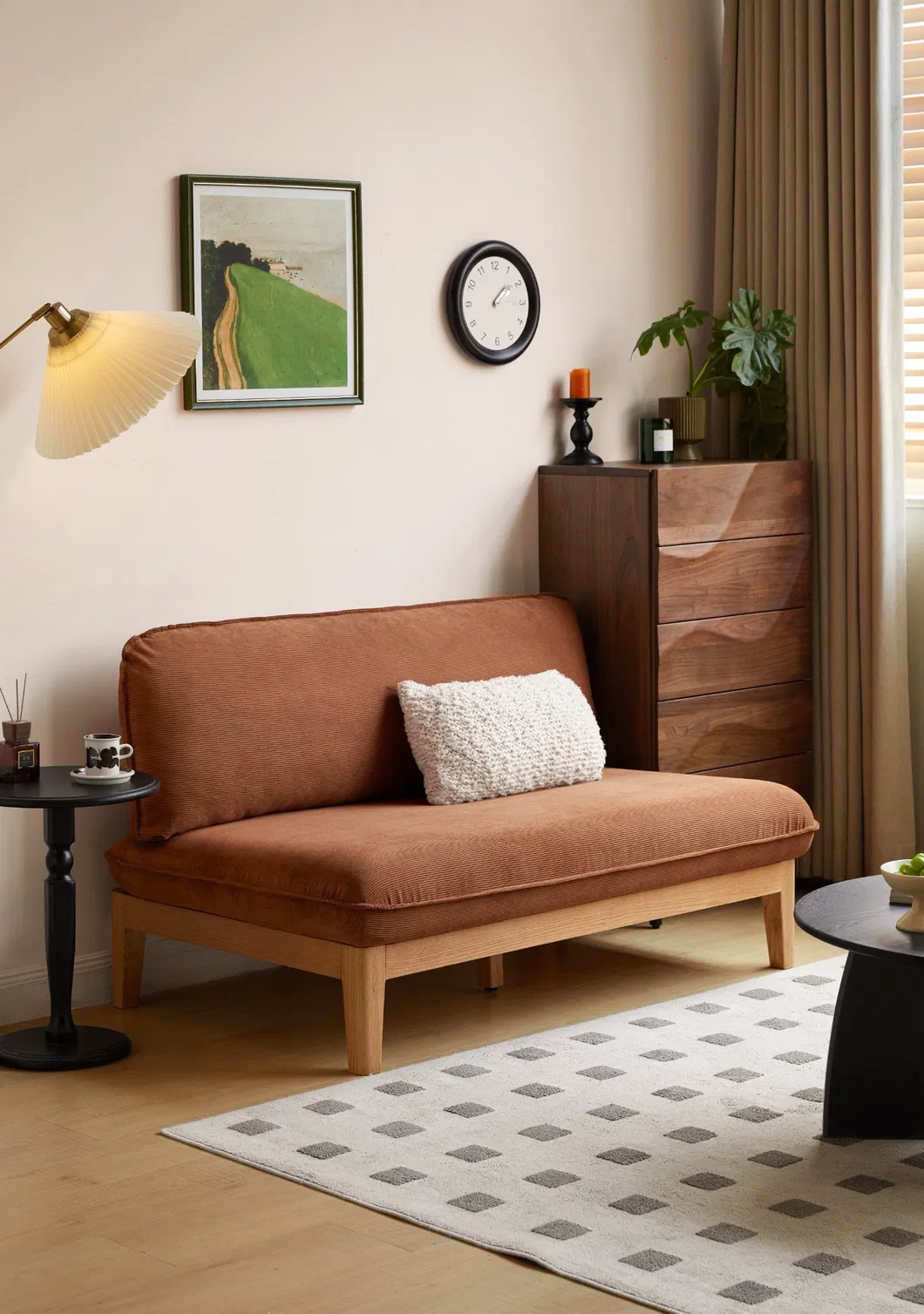 Elegant Brown Oak Sofa with Plush Cushions for Comfort