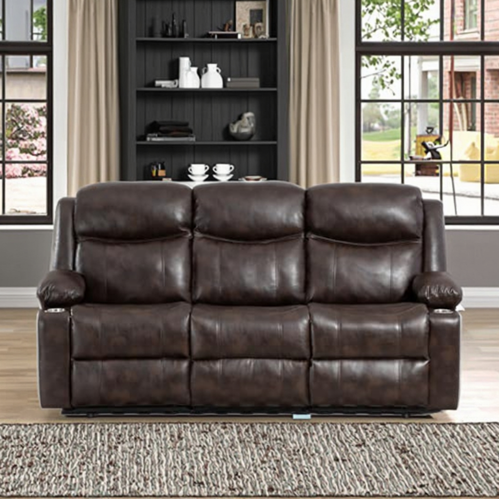 3-Seater Modern Manual Reclining Sofa with Heat Massage Wall-Hugger Design in Brown Fabric Wood Frame for Living Room