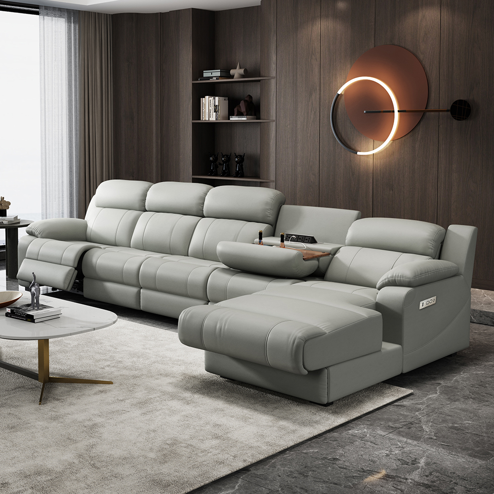 Power Recliner Sofa Set L-Shaped Reclining Leather Wall Hugger Couch Light Grey Modern Living Room Furniture Wholesale Vendor