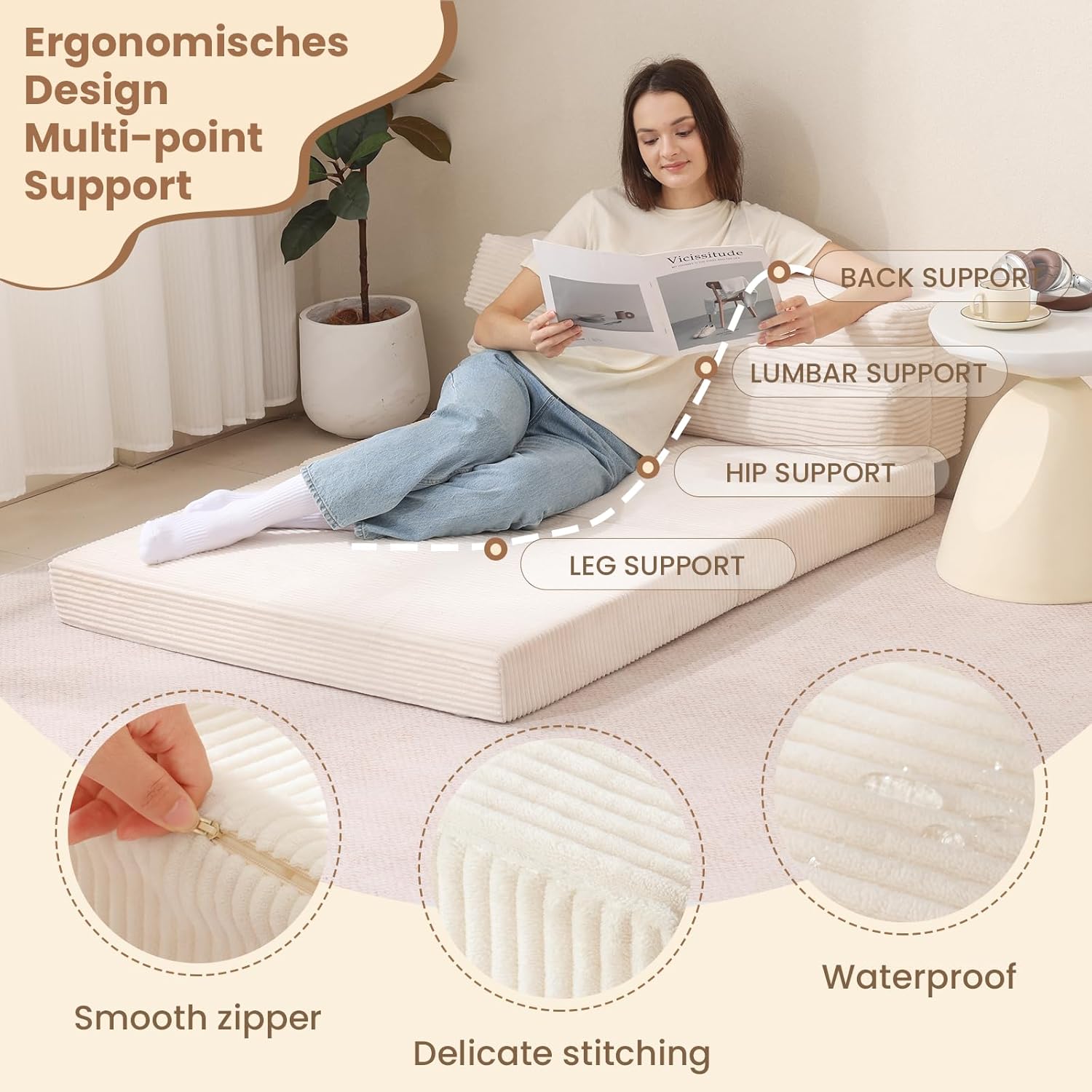 Folding Sofa Bed Convertible Sleeper Chair Pull Out Loveseat Sofa Portable Comfy Couch for Living Room Bedroom Beige
