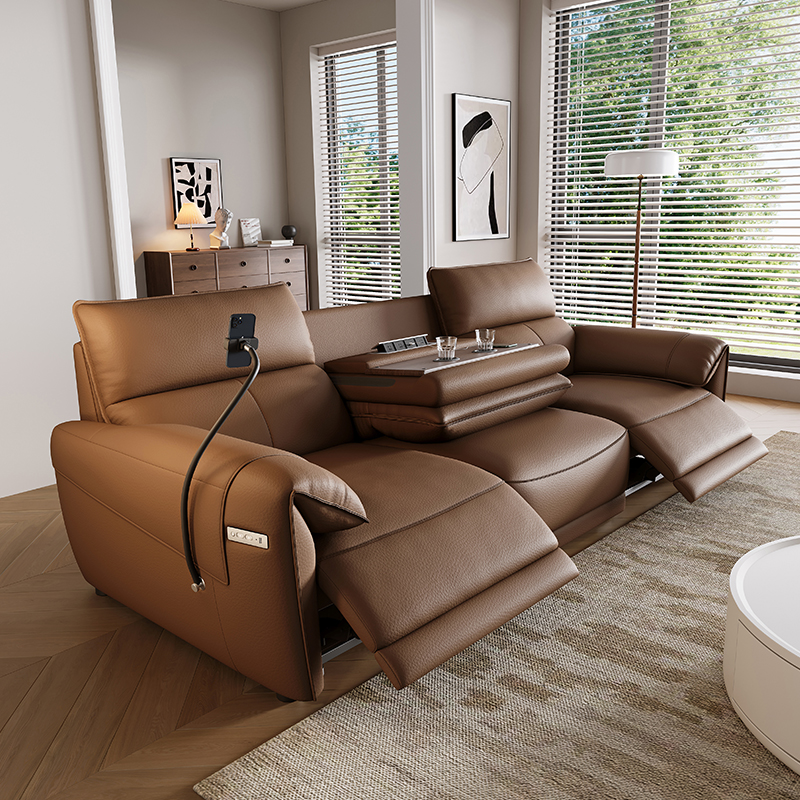 Italian Luxury Electric Designer Sofa Genuine Leather Recliner Extendable Modern Living Room Centerpiece USB Charging Metal