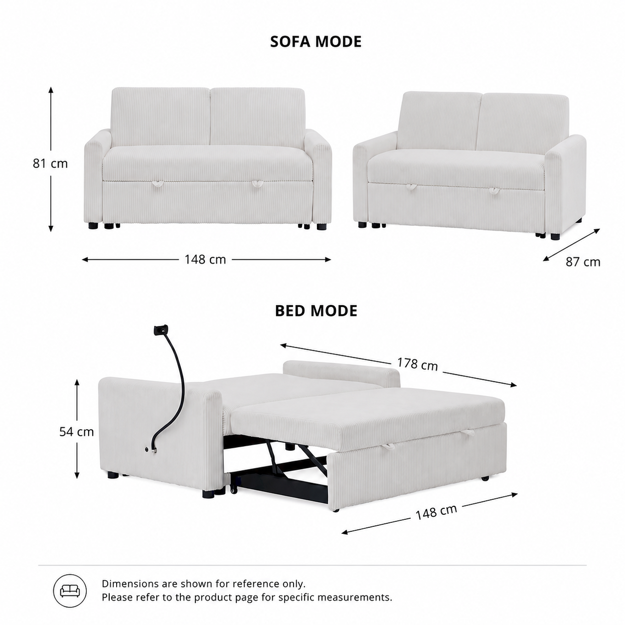 White Fabric Pull-Out Sofa Bed Loveseat Convertible Sofa Sleeper With USB Charging Port for Living Room
