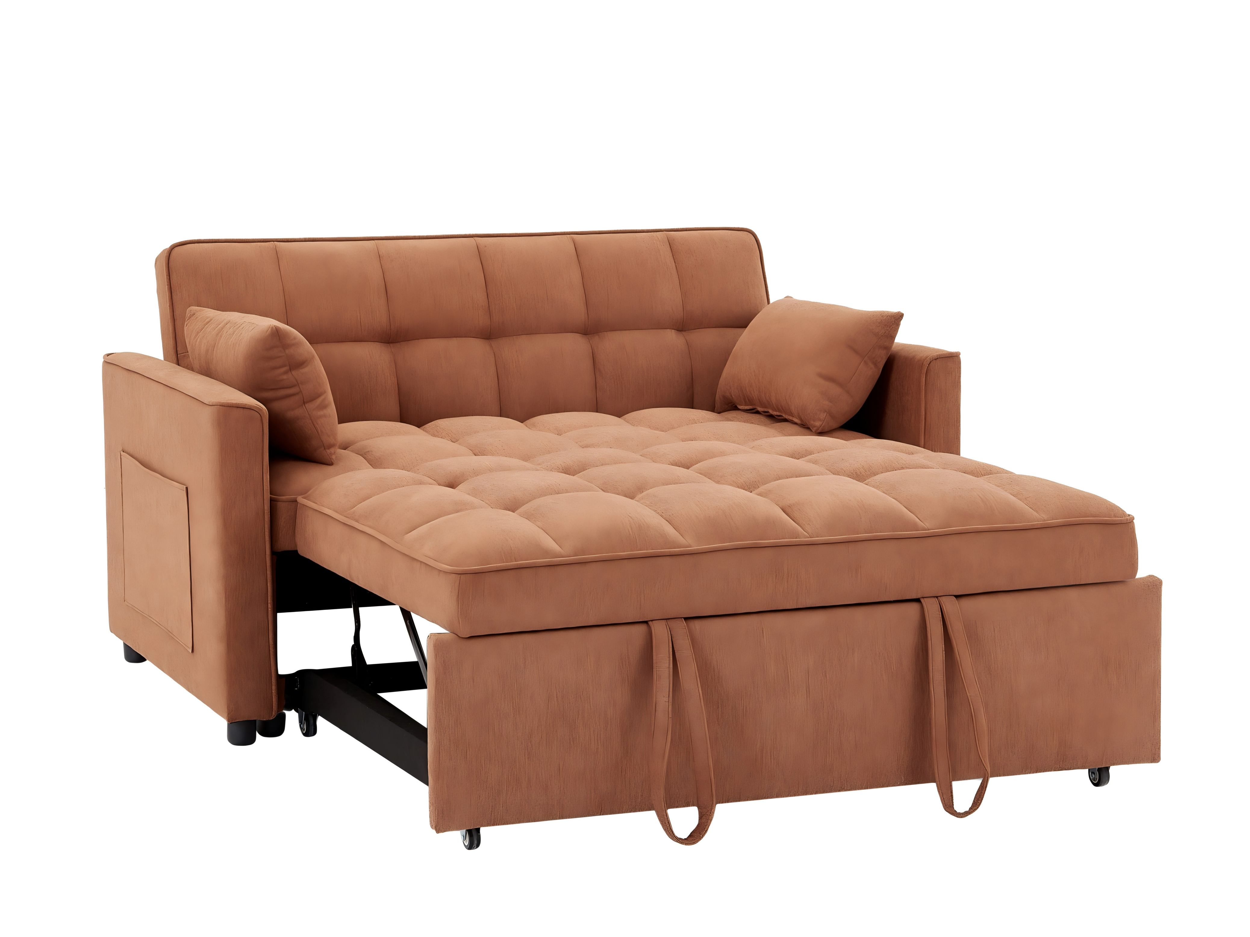 Orange Tufted Pull-Out Sofa Bed Loveseat Sofa Sleeper With Side Pocket for Apartments
