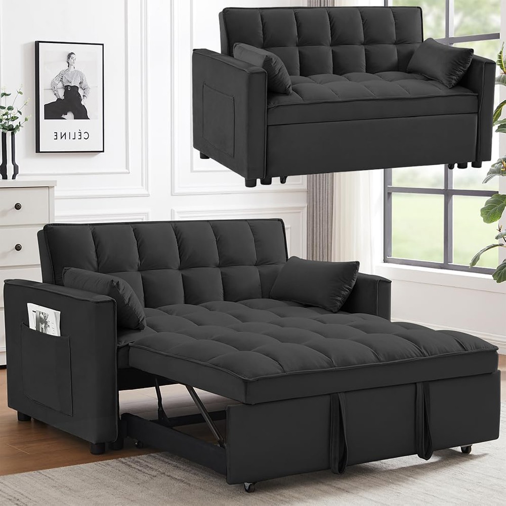 Black Convertible Loveseat Sofa Bed 3 in 1 Velvet Loveseat Futon Sofa Couch Modern Pullout Bed with Storage