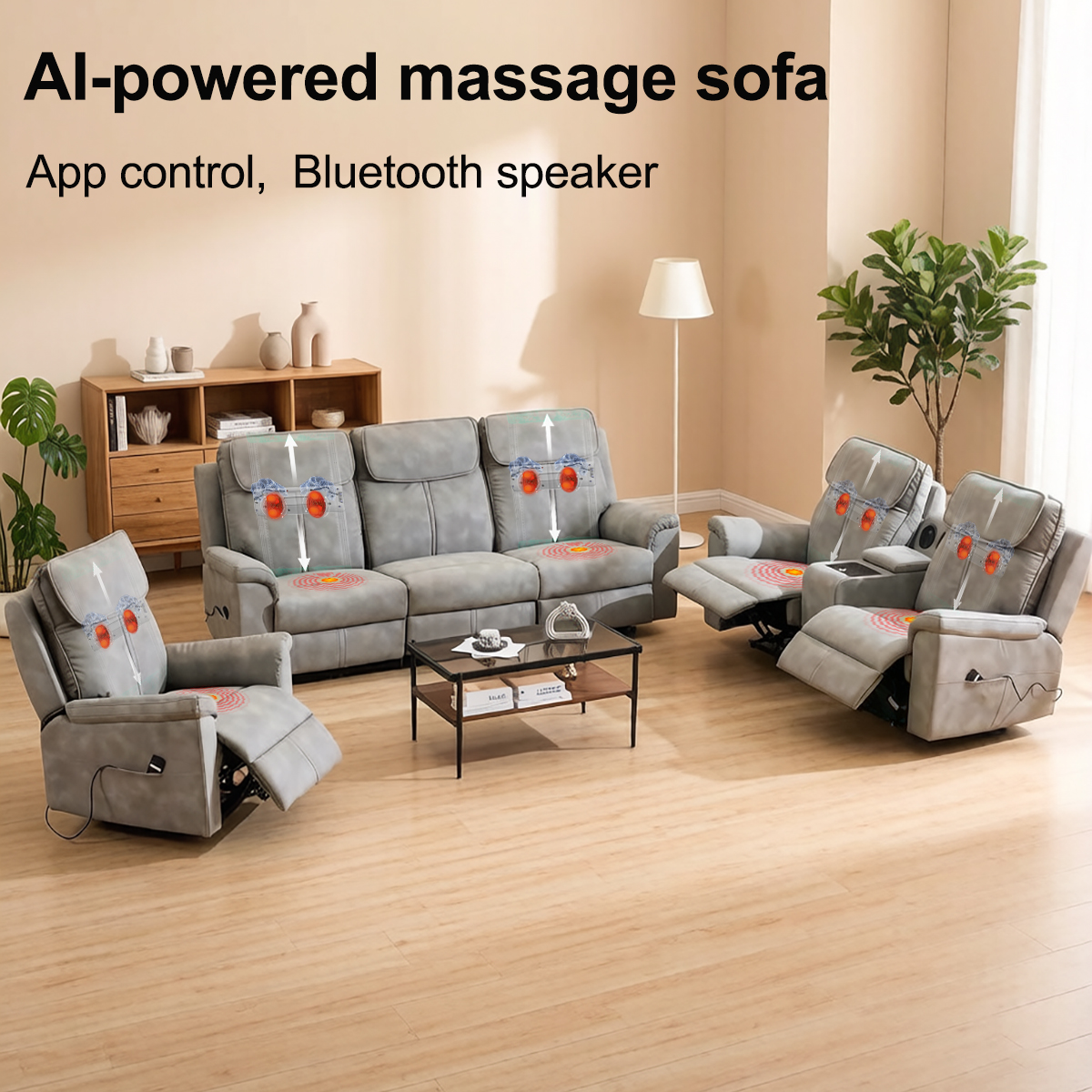 AI Artificial Intelligence Two Seater Recliner Sofa with Remote Control Memory Foam Vibration Heating &amp; Massage for Home Theater
