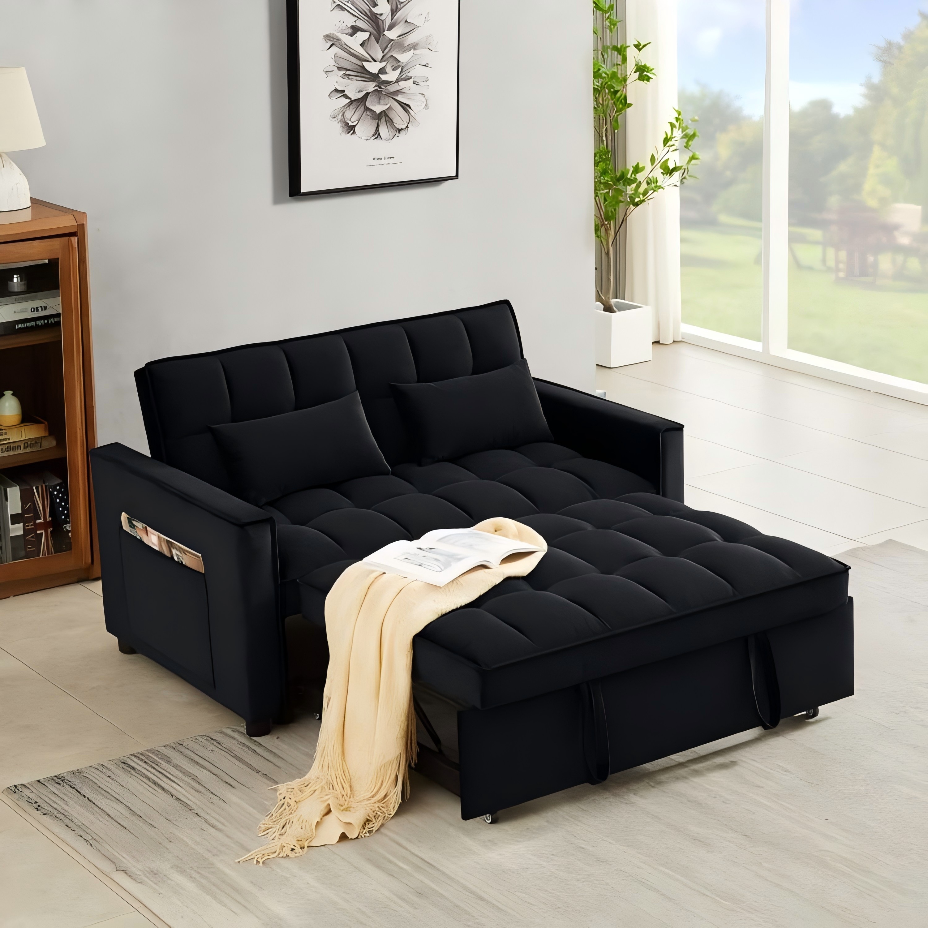 Black Convertible Loveseat Sofa Bed 3 in 1 Velvet Loveseat Futon Sofa Couch Modern Pullout Bed with Storage