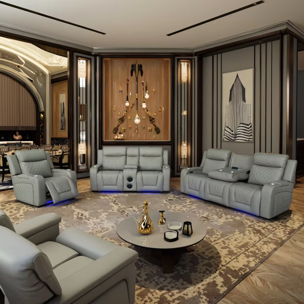 Air Leather Sofas Bluetooth Speaker Living Room Storage Armrest USB Charging Port Electric Recliner Sofa Set with Socket Adapter