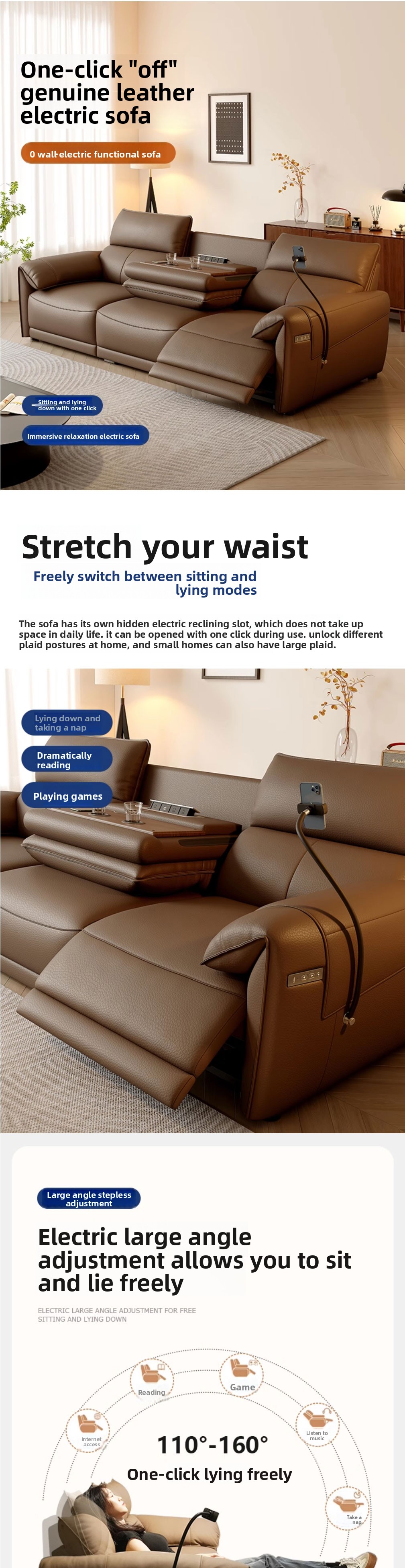 Italian Luxury Electric Designer Sofa Genuine Leather Recliner Extendable Modern Living Room Centerpiece USB Charging Metal