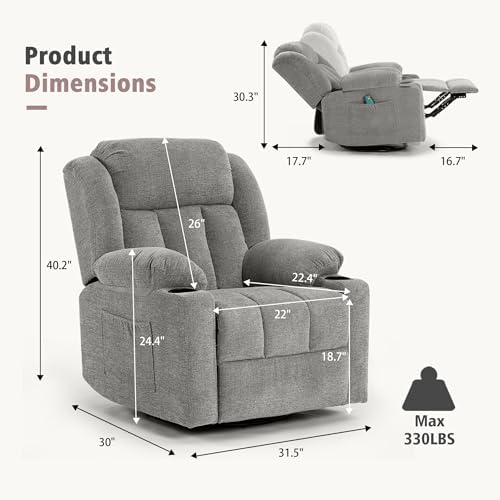 Comfy Soft Lime Gray Rocker Swivel Recliner Chair for Adults Overstuffed Large Manual Recliner Glider Massage Heat Reclining