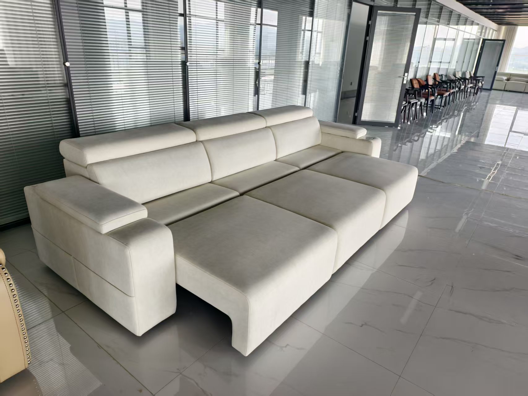 Modern PZ049 GALAXY White Wood Electric Recliner Sofa Hidden Armrest Storage Sound System Wireless Charging-Smart Living Room