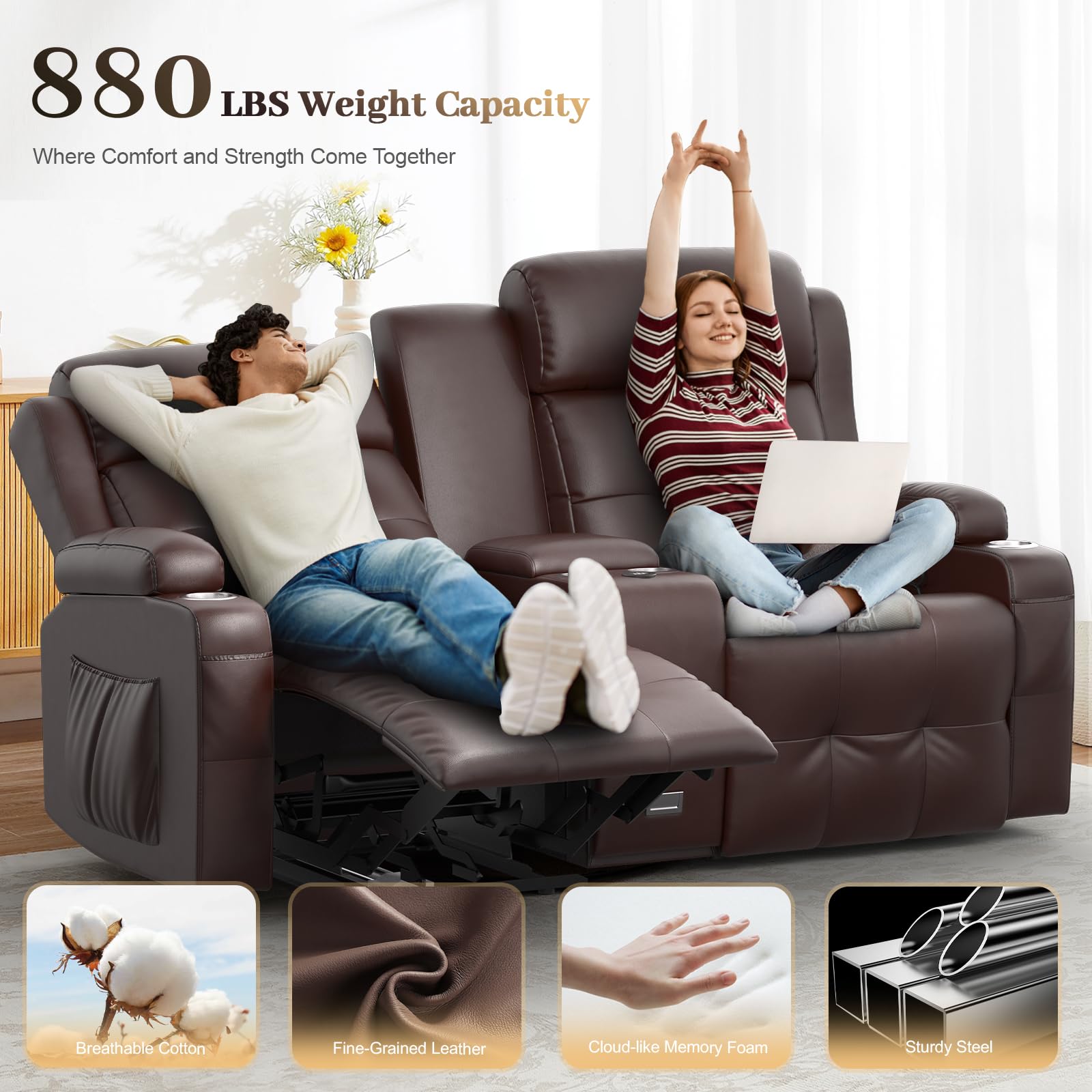 Reclining Loveseat Massage Loveseat Recliner Sofa RV Love Seat Chair with Console USB Storage Cup Holders Wall Hugger Couch